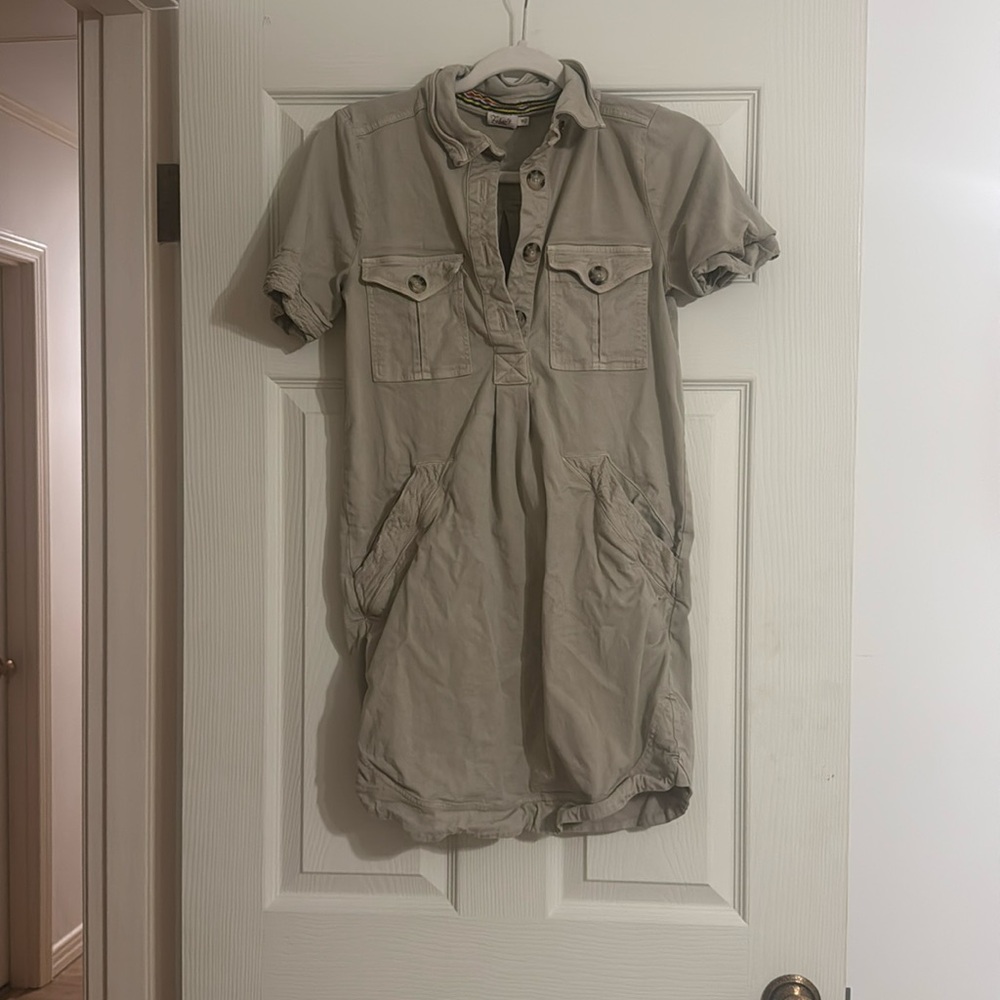 Faherty Monica Utility Khaki Canvas Shirt Popover Dress Extra Small Casual
